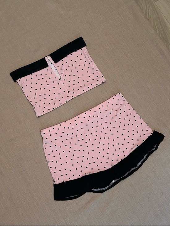 Dresses & Skirts - One of One Pink Polka Dot Tube Top and Mini Skirt Set with Black Trim